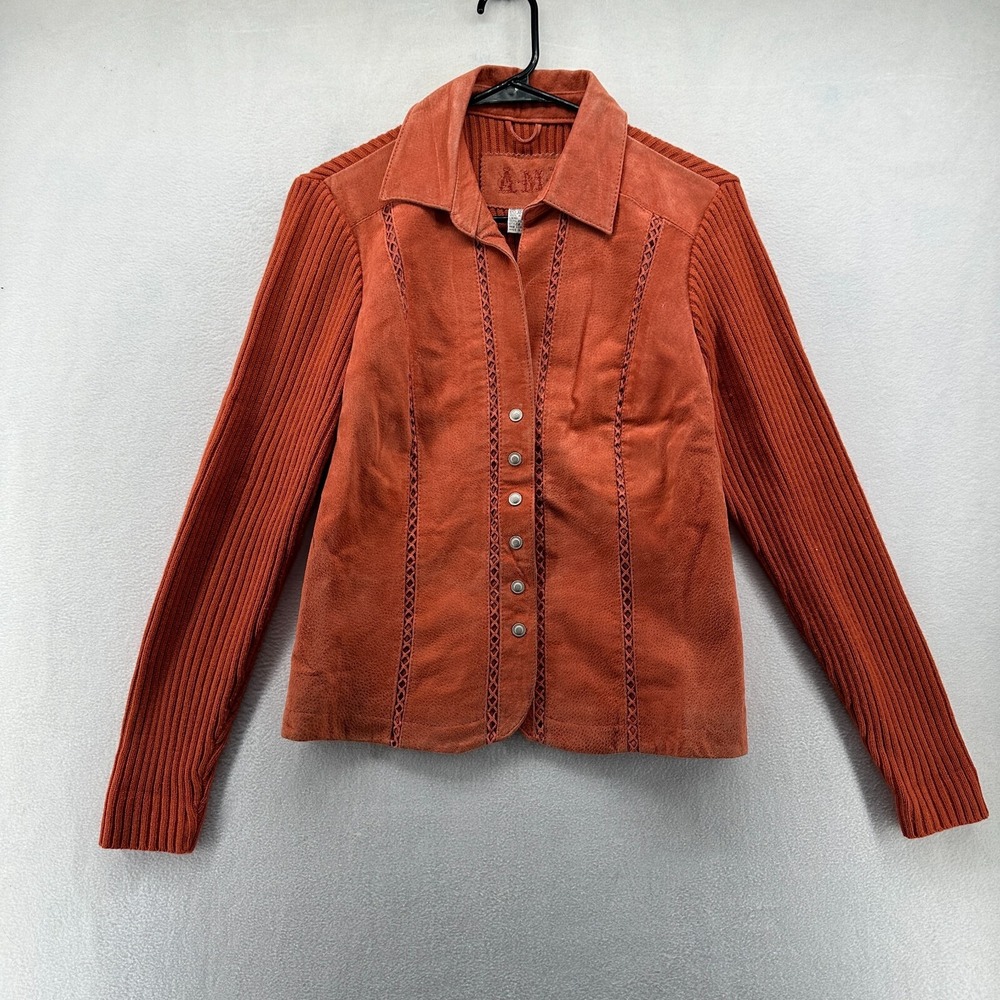 AMI Jacket Brown Women's Medium Leather Knitted Long Sleeve Collared‎